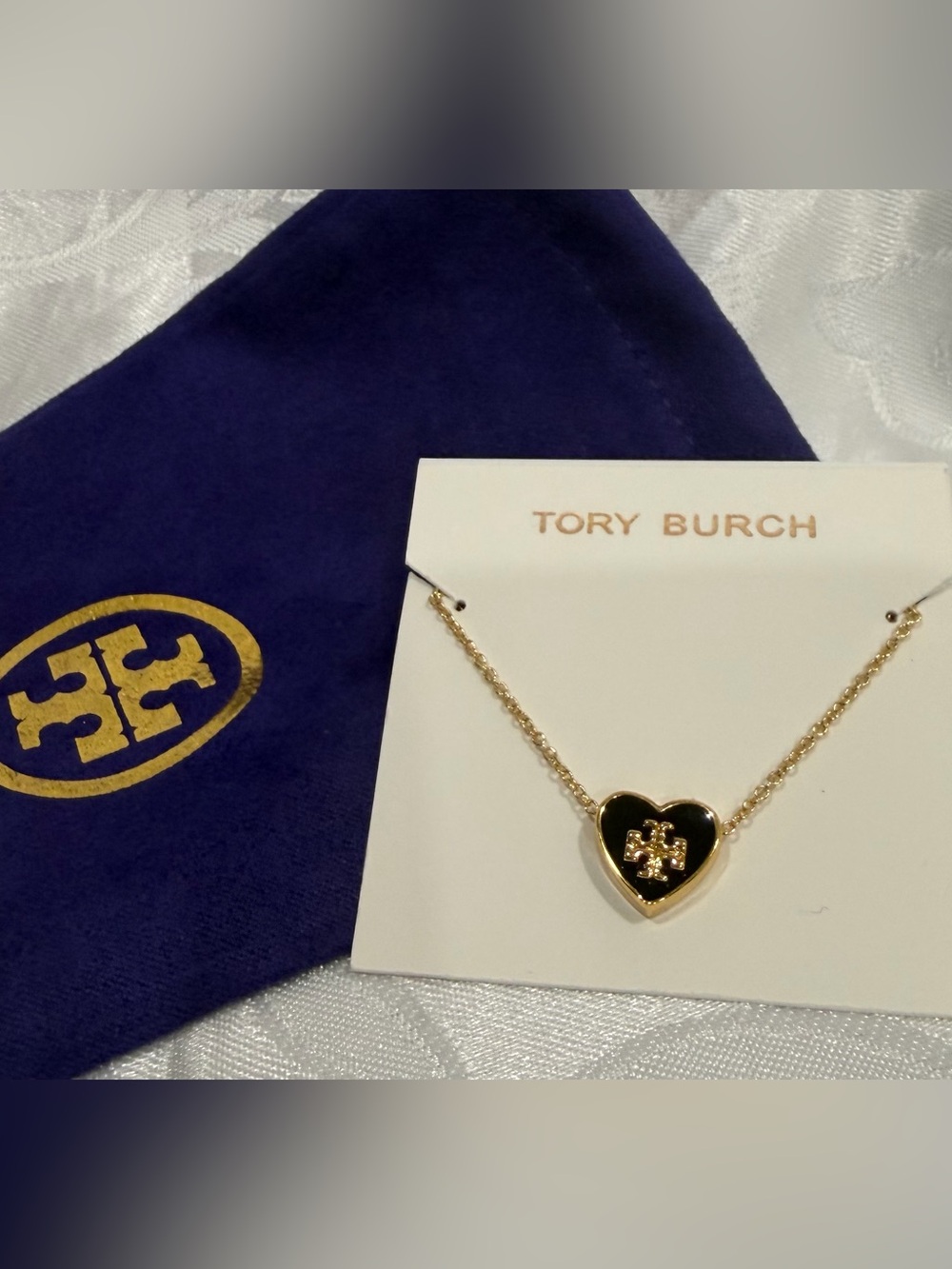 Tory Burch Gold Chain Necklace with Black Heart Pendant New